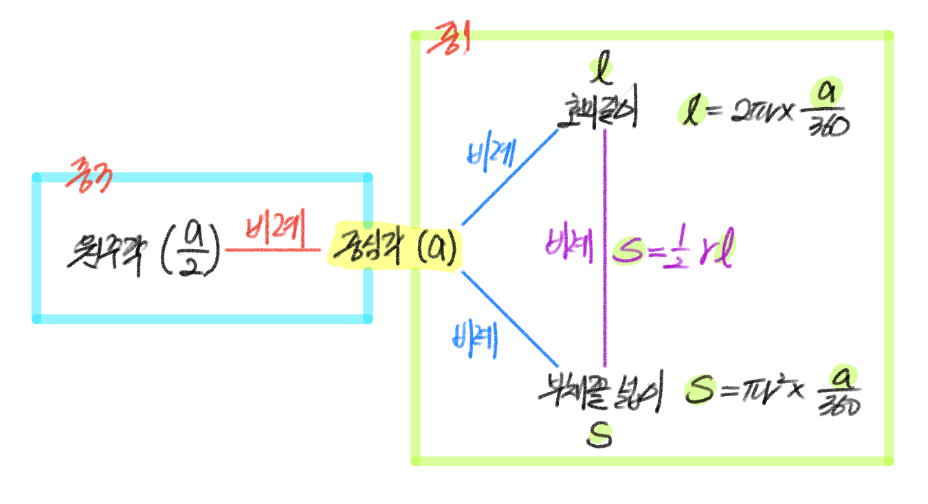 원주각과 부채꼴의 호의길이, 넓이 사이 관계