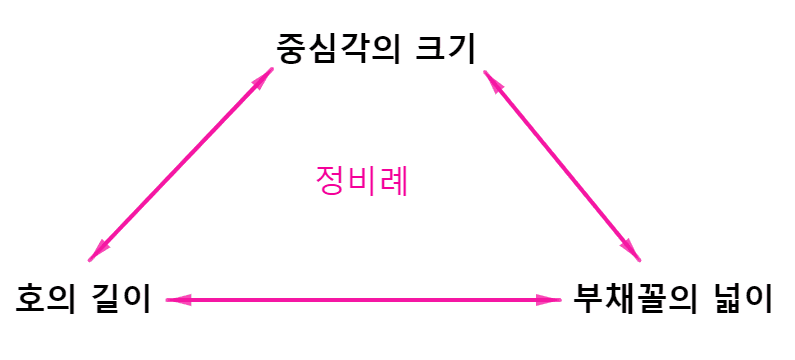 중심각, 호의길이, 넓이 정비례