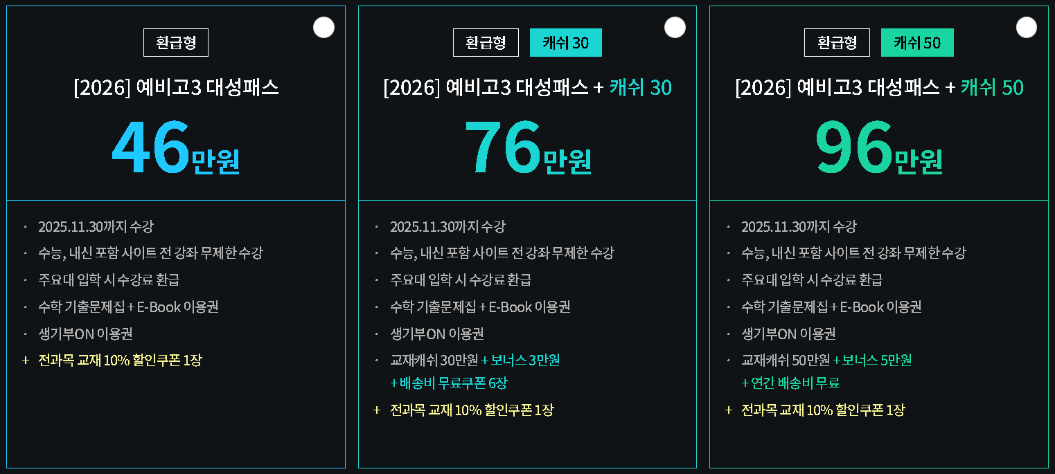 예비 고3 대성 패스 환급형 가격, 구성