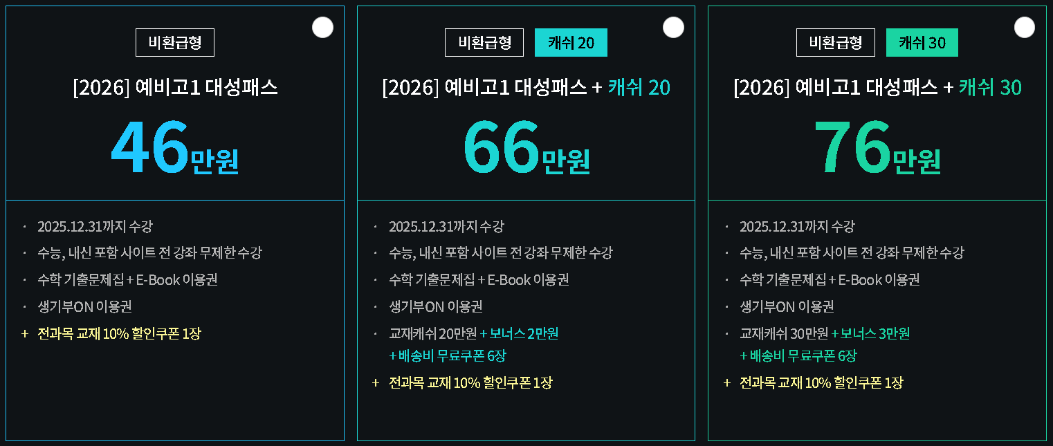 예비 고1, 고2 대성 패스 비환급형 가격 구성